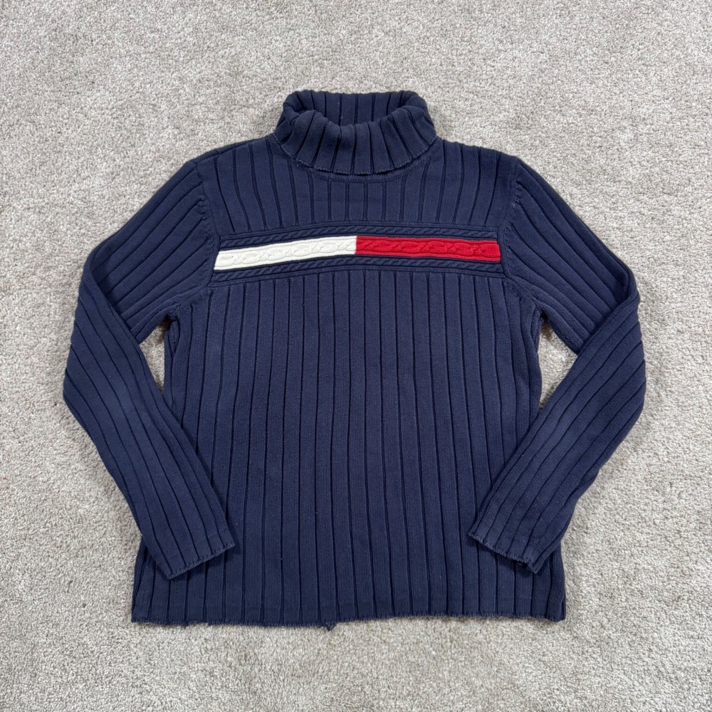 Tommy Hilfiger Womens Navy Blue Ribbed Turtleneck Sweater XL Cable Knit Stripe